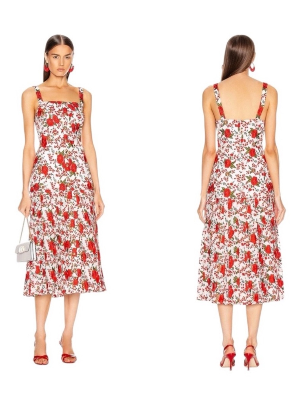 NEW ALEXIS Amal Red White Rose Floral Pleated Sleeveless Fit & Flare Midi Dress